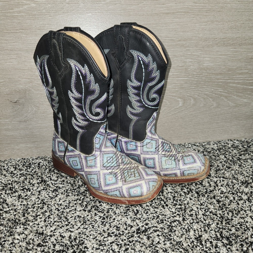Roper Glitter Diamond Western Square Toe Boots Kids Girls Size 11 Cowgirl Rodeo